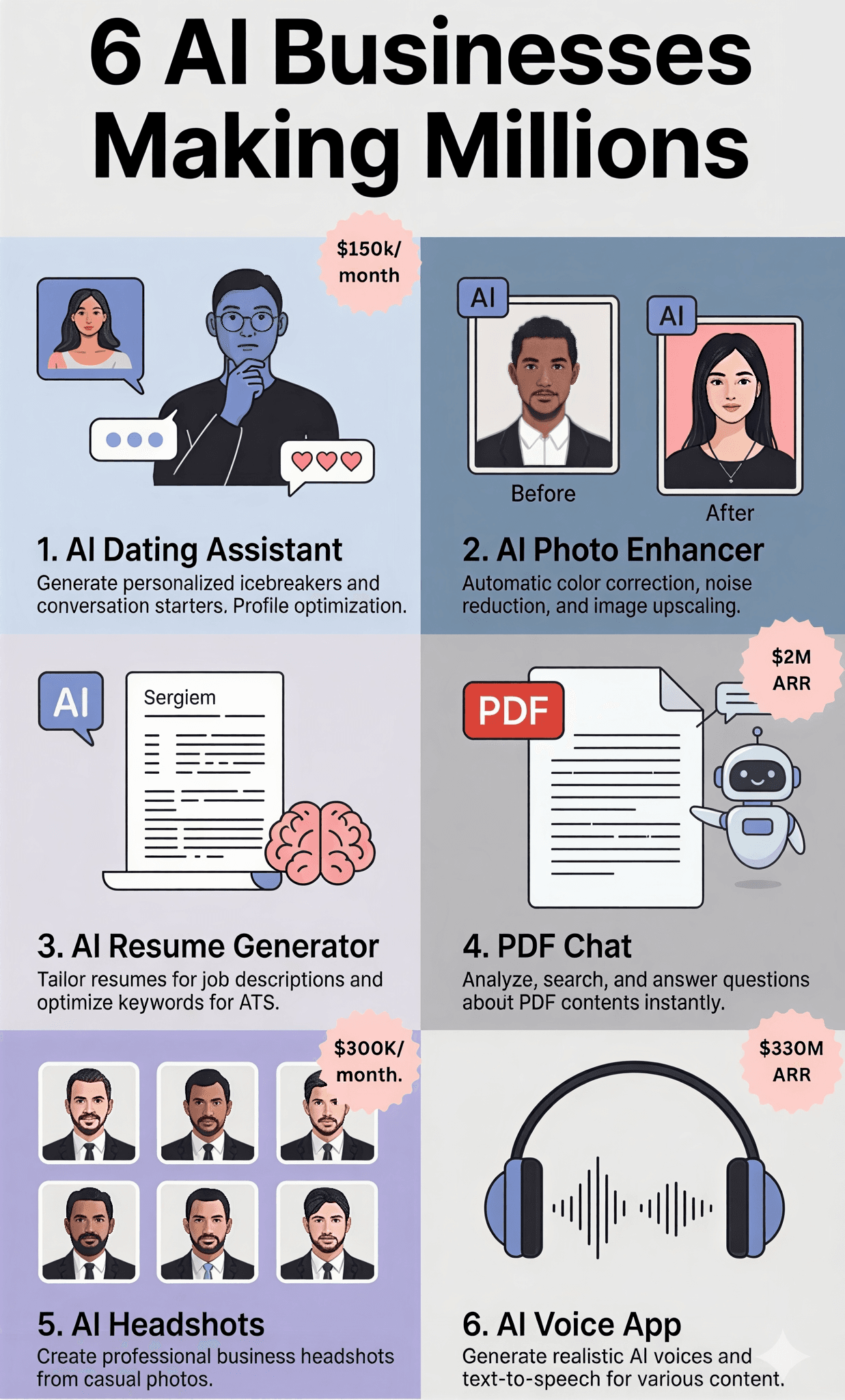 Infographic showcase of 6 AI businesses: dating assistant ($150k/month), photo enhancer ($2M ARR), resume generator ($300k/month), PDF chat ($2M ARR), professional headshots ($300k/month), voice app ($330M ARR)